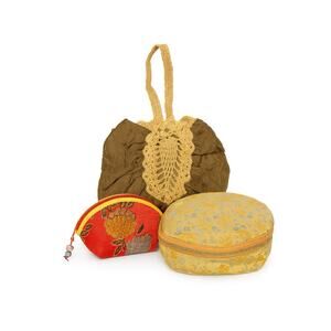 Vintage Cosmetic Bag Bundle Brocade Crochet Drawstring Pouch Lot of 3